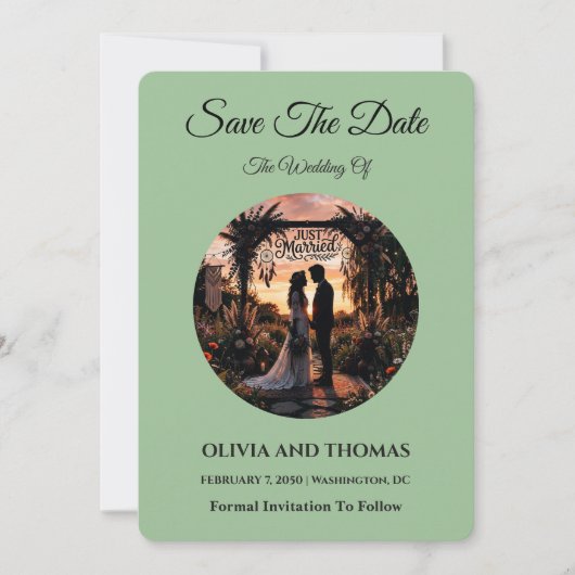 セージグリーンの「Save the Date」カード セーブザデート (正面)