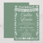 セージグリーンのCielito+Lindo卒業パーティー 招待状 (正面/裏面)