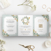 セージグリーンアイボリーフローラオールインワンクレスト結婚ーズ 三つ折り招待状