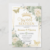 セージグリーンアイボリーフローラバタフライスウィート16ツイン 招待状 (正面)