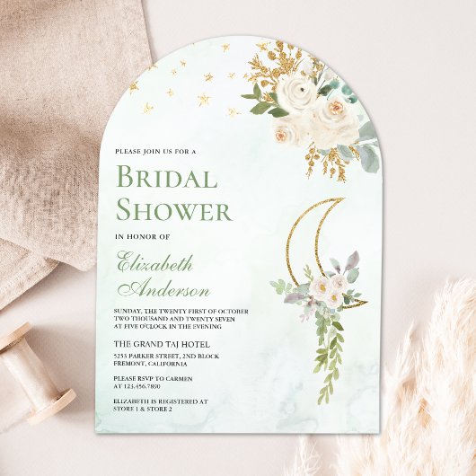 セージグリーンアイボリーフローラムーンアーチブライダルシャワー 招待状