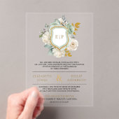 セージグリーンアイボリーフローラモノグラムクレスト結婚ズ アクリル招待状 (インサイチュ (ポータブル))