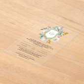 セージグリーンアイボリーフローラモノグラムクレスト結婚ズ アクリル招待状 (レイダウン)