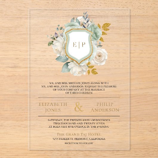 セージグリーンアイボリーフローラモノグラムクレスト結婚ズ アクリル招待状 (正面)