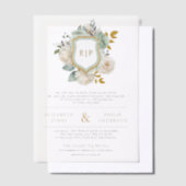 セージグリーンアイボリーフローラモノグラムクレスト結婚ズ ベラム紙招待状 (オフセット)