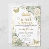 セージグリーンアイボリーフローラ蝶金ゴールドスウィート16 招待状 (正面)