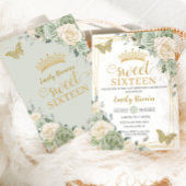 セージグリーンアイボリーフローラ蝶金ゴールドスウィート16 招待状