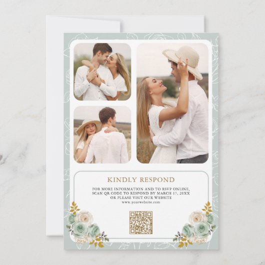 セージグリーンアイボリーフローラQRコードクレスト結婚ズ 招待状 (裏面)