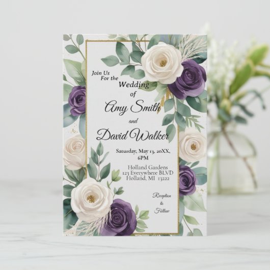 セージグリーンアンドパープルフローラ結婚式招待状 招待状 (スタンド正面)