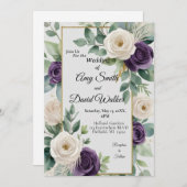セージグリーンアンドパープルフローラ結婚式招待状 招待状 (正面/裏面)