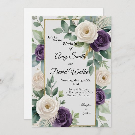 セージグリーンアンドパープルフローラ結婚式招待状 招待状 (正面/裏面)