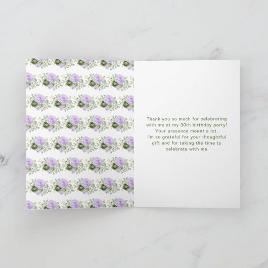 セージグリーンアンドパープルフローラ誕生日 サンキューカード (内部)