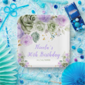 セージグリーンアンドパープルフローラ誕生日 ペーパープレート (パーティー)