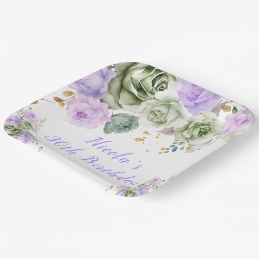 セージグリーンアンドパープルフローラ誕生日 ペーパープレート (傾斜あり)