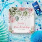 セージグリーンアンドピンクフローラ誕生日 ペーパープレート (パーティー)