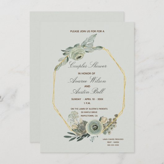 セージグリーンアンドブラウンカップルズウェディングシャワー 招待状 (正面/裏面)