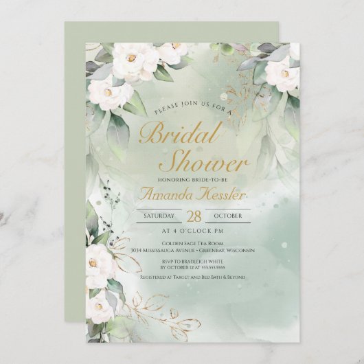 セージグリーンアンドホワイトフローラエレガントブライダルシャワー 招待状 (正面/裏面)