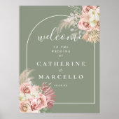 セージグリーンアーチパンパスグラス結婚のウェルカムサイン ポスター (正面)