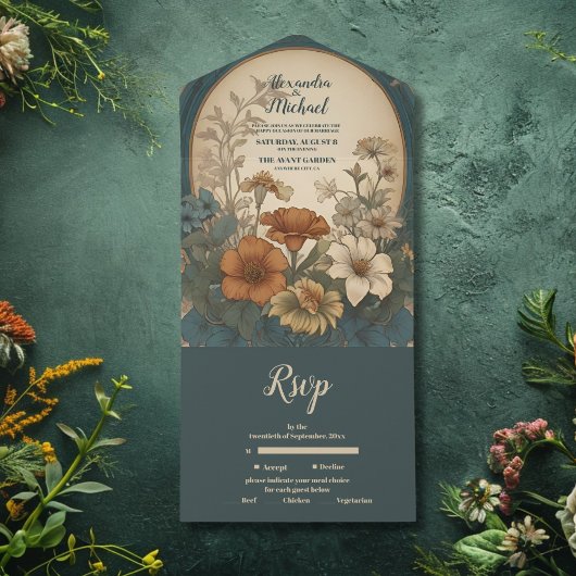 セージグリーンアールヌーボーアルフォンスミュシャ結婚ズ オールインワン招待状