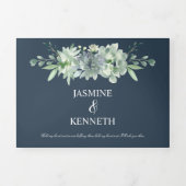 セージグリーンインディゴブルー多肉類結婚の 三つ折り招待状 (カバー)