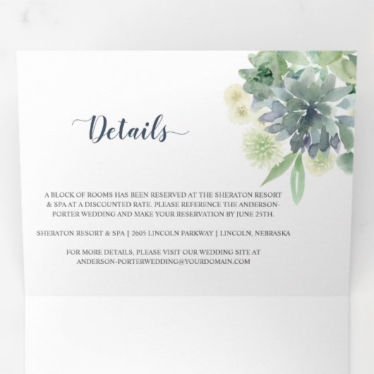 セージグリーンインディゴブルー多肉類結婚の 三つ折り招待状 (内部最初)