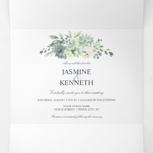 セージグリーンインディゴブルー多肉類結婚の 三つ折り招待状 (内部中)