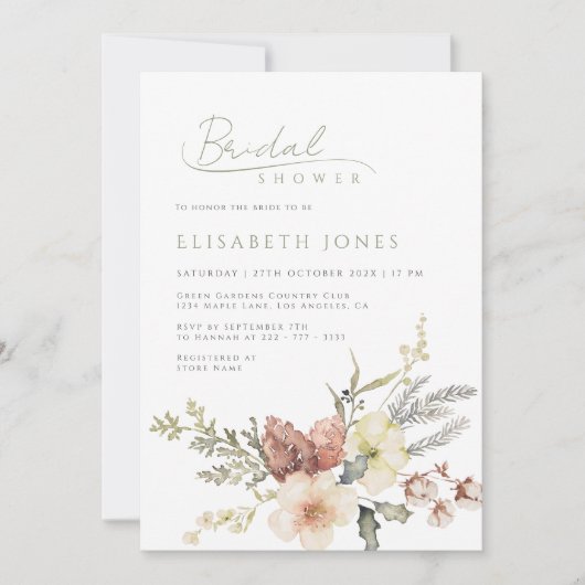 セージグリーンウィンタークリスマスフローラブライダルシャワー 招待状 (正面)
