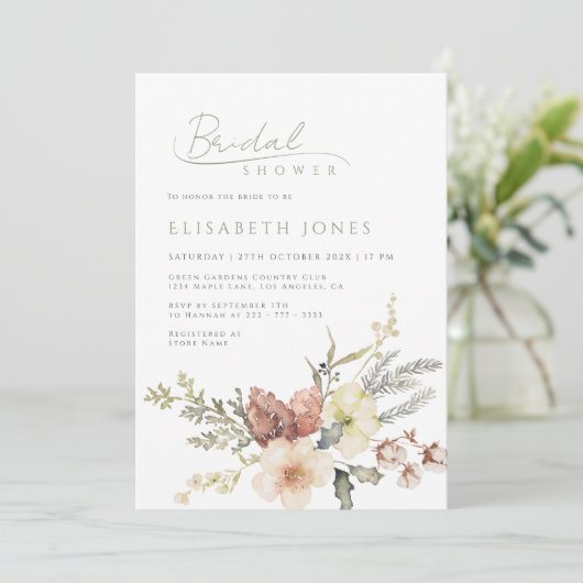 セージグリーンウィンタークリスマスフローラブライダルシャワー 招待状 (スタンド正面)