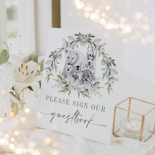 セージグリーンウィンターホリデーアルティックアニマルズゲストブック 台座サイン