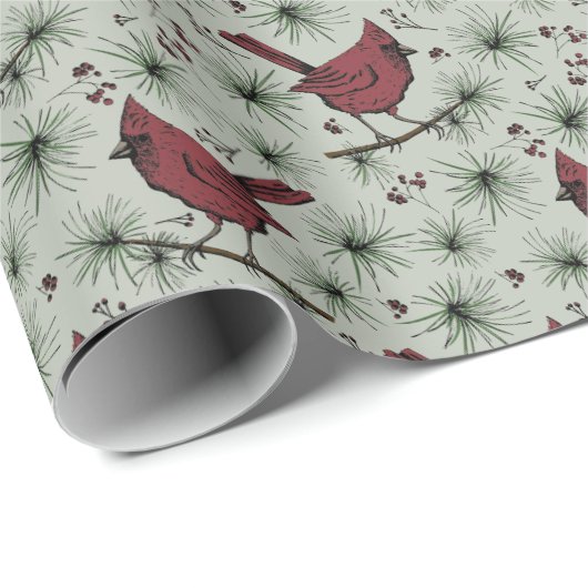 セージグリーンウィンターレッド(鳥)ショウジョウコウカンチョウパターン ラッピングペーパー (ロールコーナー)