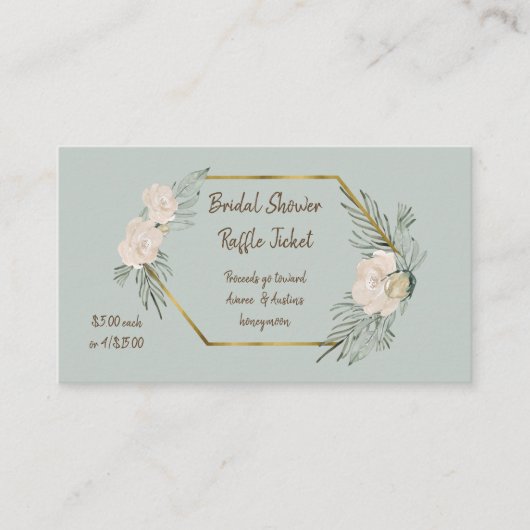 セージグリーンウォーターカラーブライダルシャワーラッフルチケット エンクロージャーカード (正面)