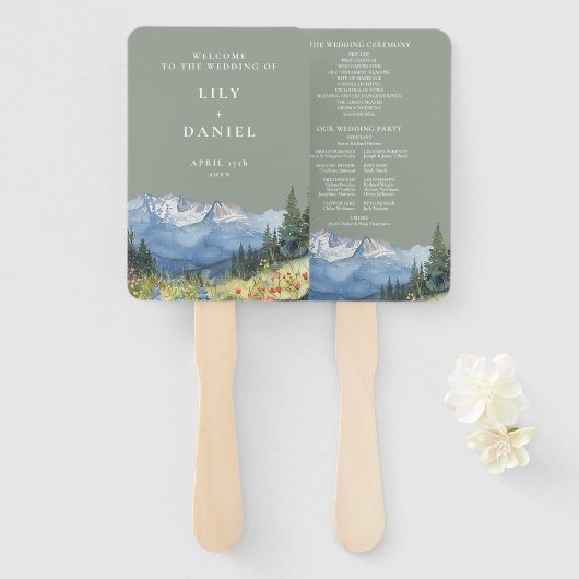 セージグリーンウォーターカラーマウンテン結婚式 プログラム ハンドファン (正面&裏面)
