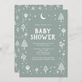 セージグリーンウッドランズ&スターズベビーシャワー 招待状 (正面/裏面)