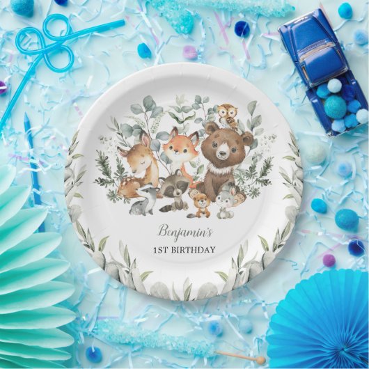 セージグリーンウッドランドアニマルズユーカリ誕生日 ペーパープレート (パーティー)