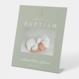 セージグリーンエレガントクロスフォトボーイバプテスマ歓迎 台座サイン