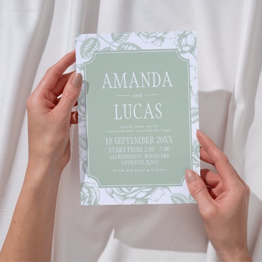 セージグリーンエレガントシノイ結婚ズリー 招待状