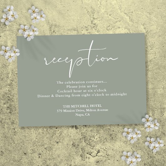 セージグリーンエレガントスクリプトウェディングレセプション エンクロージャーカード