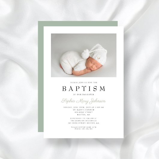 セージグリーンエレガントフォトボーイ洗礼 招待状