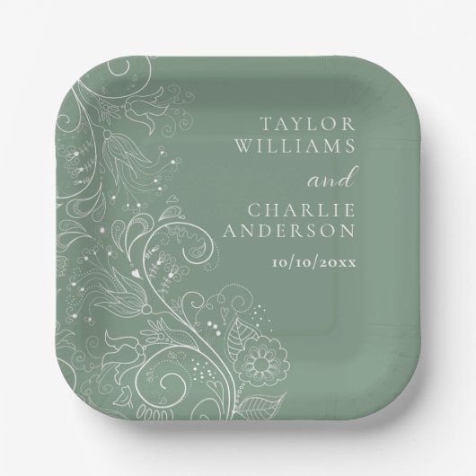 セージグリーンエレガントフローラ結婚ズ ペーパープレート (正面)