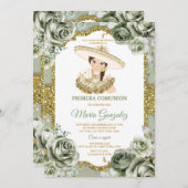 セージグリーンエレガントプリメラコムニオンキュートガール金ゴールド 招待状 (正面/裏面)