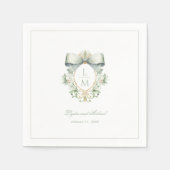 セージグリーンエレガントボウ付きクレスト |モノグラム結婚ズ スタンダードカクテルナプキン (正面)