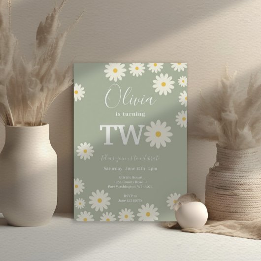 セージグリーンオリーブデイジーフローラ2nd誕生日パーティー 招待状