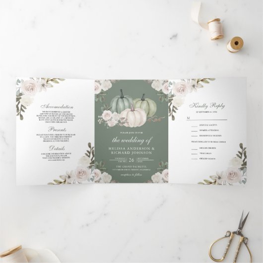 セージグリーンカボチャとホワイトフローラ結婚ズ 三つ折り招待状 (内部)