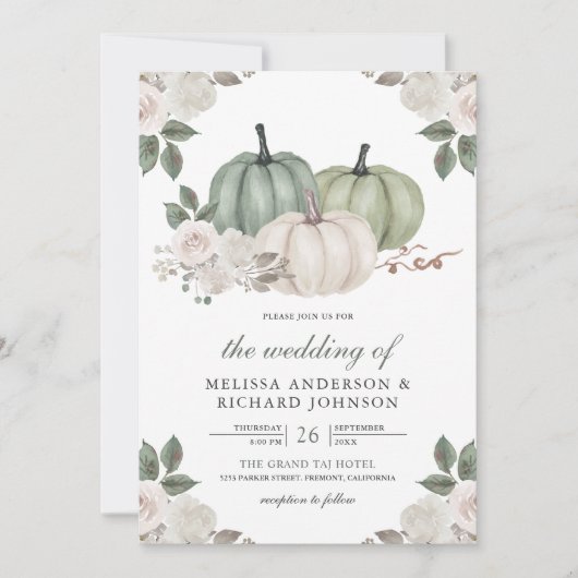 セージグリーンカボチャとホワイトフローラ結婚ズ 招待状 (正面)