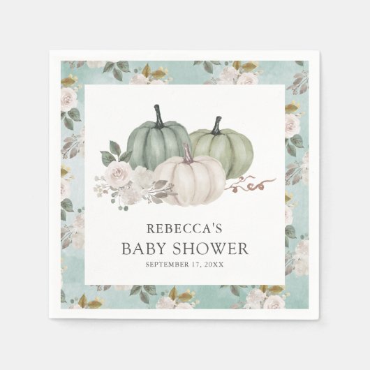 セージグリーンカボチャフローラ秋ベビーシャワー スタンダードカクテルナプキン (正面)