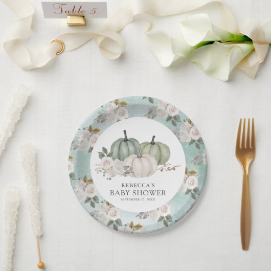 セージグリーンカボチャフローラ秋ベビーシャワー ペーパープレート (ウェディング)
