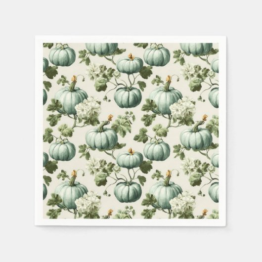セージグリーンカボチャ&オータム花模様 スタンダードカクテルナプキン (正面)
