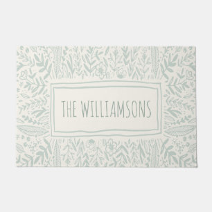 セージグリーンガーデンフローラア縁どートネーム ドアマット