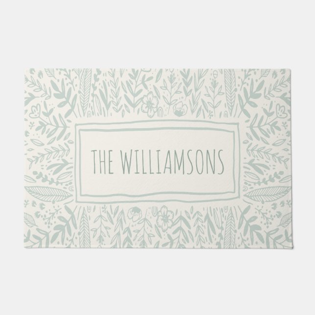 セージグリーンガーデンフローラア縁どートネーム  ドアマット (正面)