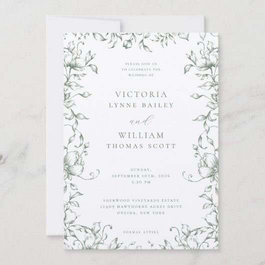 セージグリーンガーデン結婚フローラ 招待状 (正面)